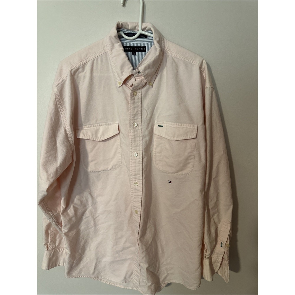 Tommy Hilfiger Dress Shirt Xl Pink Button Up Long Sleeve 2 Chest Pockets Logo